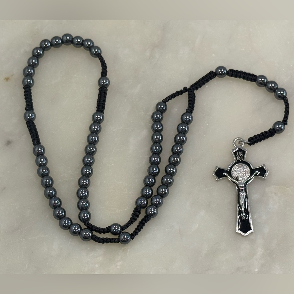 Small (Kids Size or Car Hanging) Black and Silver Rosary Necklace